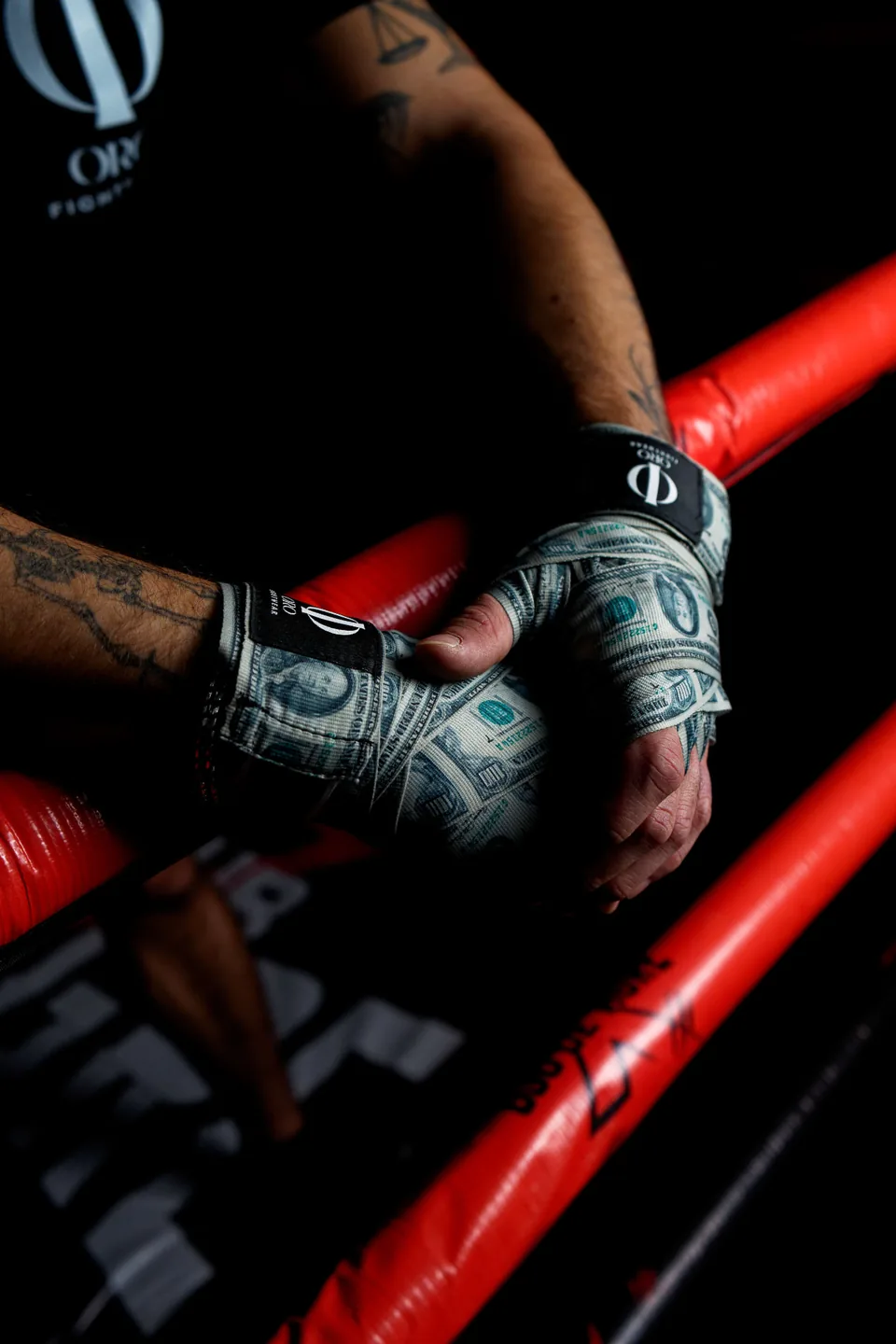 Manos con vendas Dollar de ORO apoyadas en las cuerdas del ring