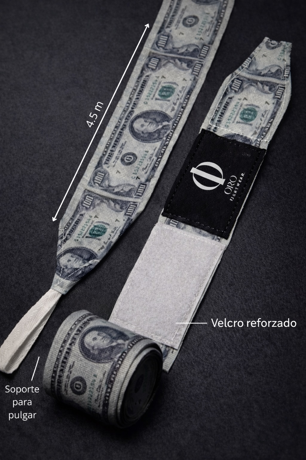 Vendas Dollar extendidas: 4.5 m, velcro reforzado, parche ORO y soporte para pulgar